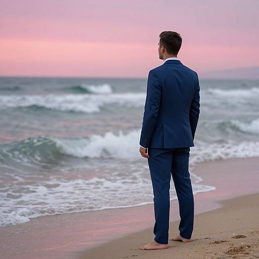 Photograph of a bearded man in a dark blue suit standing barefoot on a beach, facing the ocean at sunset.