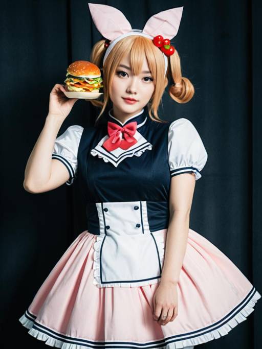 Cosplay Woman in Chuchu Panlunch Costume with Burger