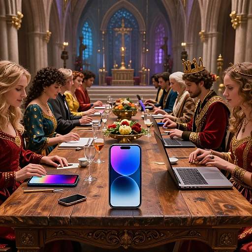 Medieval-style banquet hall with royalty and nobles, wearing elaborate clothes, seated at a wooden table with laptops, smartphones, and illuminated tablets.
