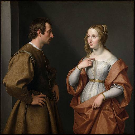 Renaissance oil painting of a fair-skinned woman with brown hair in a gray dress and brown shawl, and a dark-haired man in a