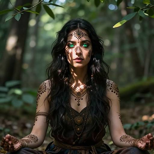 Photorealistic digital art of a woman with green eyes, long black hair, and intricate henna tattoos, sitting cross-legged in a forest, wearing