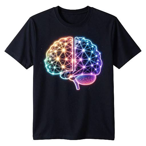 Black T-shirt with a neon-colored, geometric brain design in multicolors (orange, blue, purple) on the chest. Digital art style.