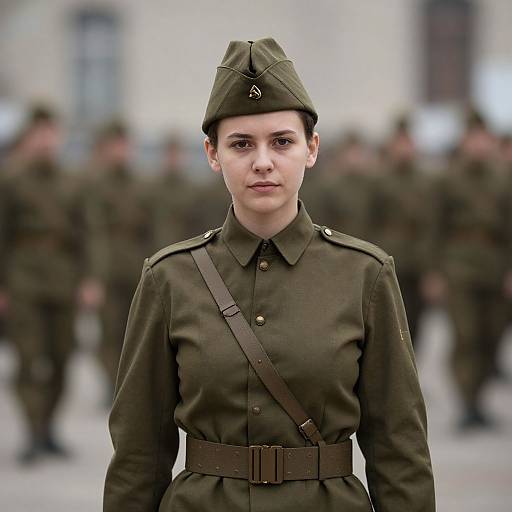 Photograph of a serious young woman in a World War II-era military uniform with green jacket and hat, standing in front of a blurred background of other