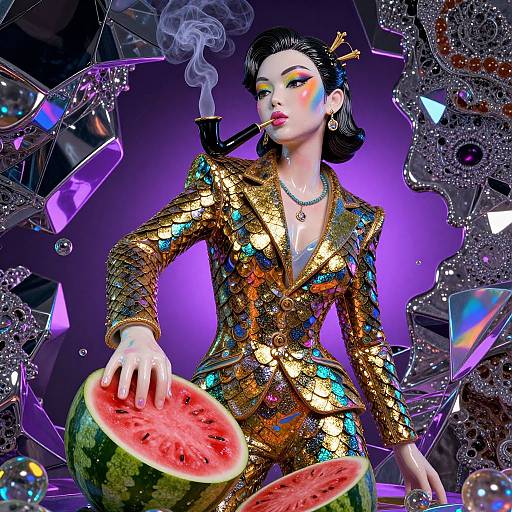Digital art: Asian woman with black hair, wearing a glittery gold sequin suit, smoking, holding watermelon slices, surrounded by reflective geometric shapes