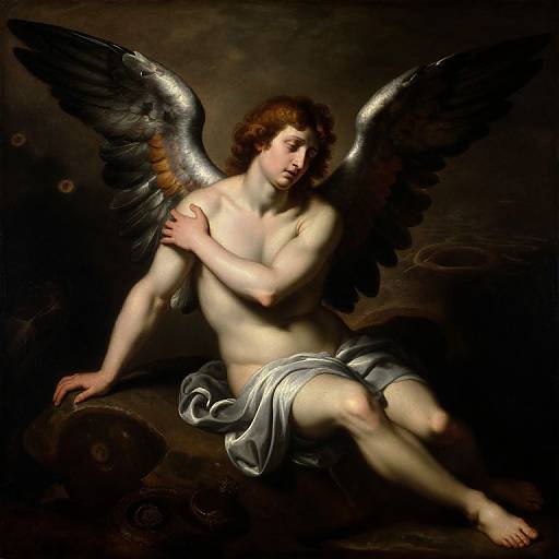Baroque-style painting of a muscular, nude, winged angel with curly brown hair, covering chest with one arm, draped in white cloth, set