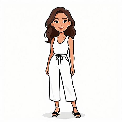 Digital illustration of a smiling young woman with long brown hair, wearing a white sleeveless jumpsuit and black sandals, standing against a plain white background.