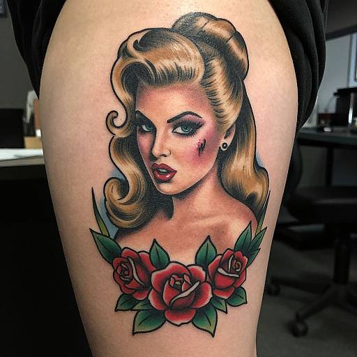 Vibrant tattoo of a 1950s-style woman with blonde curls, red lipstick, and black eyeliner, surrounded by red roses and green