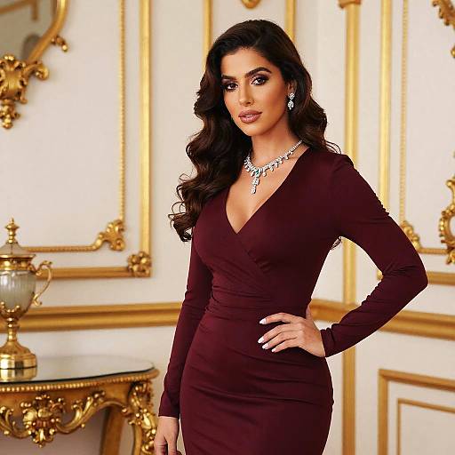 Photograph of a beautiful woman with long, wavy black hair, wearing a deep brown V-neck dress and elegant necklace, standing in an opulent