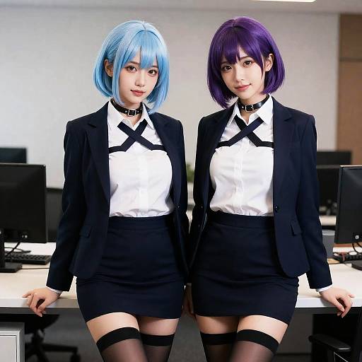 Two Young Women in Business Suits with Colored Hair in Office