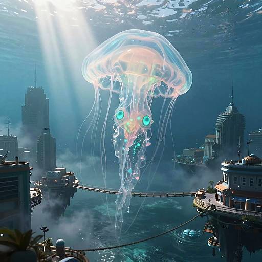 Digital artwork of a glowing, bioluminescent jellyfish with colorful spots floating above a foggy, futuristic cityscape with skyscrapers and waterfront