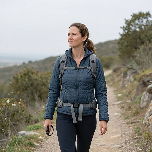 Photograph of a determined woman with light skin, brown hair in a ponytail, wearing a blue quilted jacket, black pants, and a gray