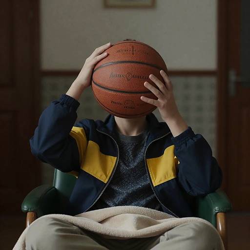 Boy Holding Basketball Covering Face