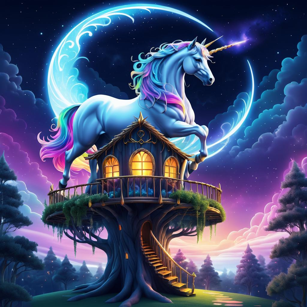 Fantasy Unicorn Embracing a Treehouse