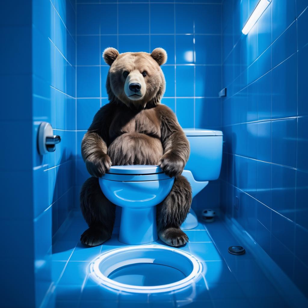 Humorous Bear on Toilet in Blue Light