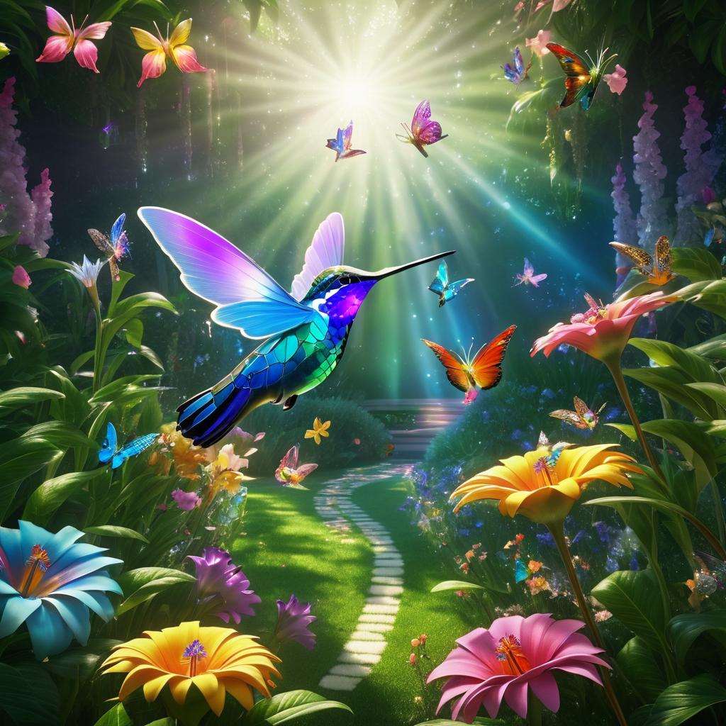 Enchanted Garden with Butterflies and Hummingbird