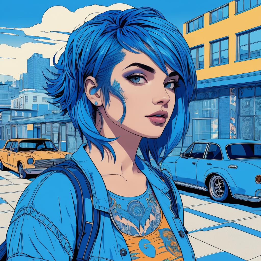 Vibrant Urban Fantasy Illustration with Blue Hair