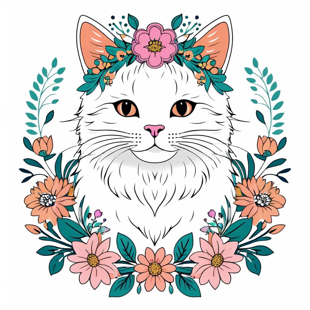 Whimsical Floral Cat T-Shirt Design