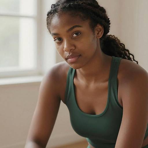 Photograph of a young Black woman with dark skin, curly hair in a ponytail, wearing a green tank top, looking thoughtfully at the camera