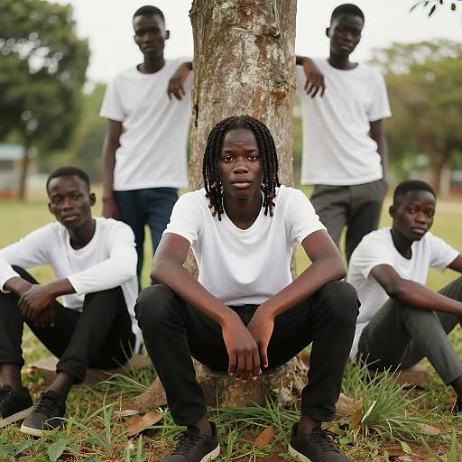 Four Boys Squatting Outdoors in Nature
