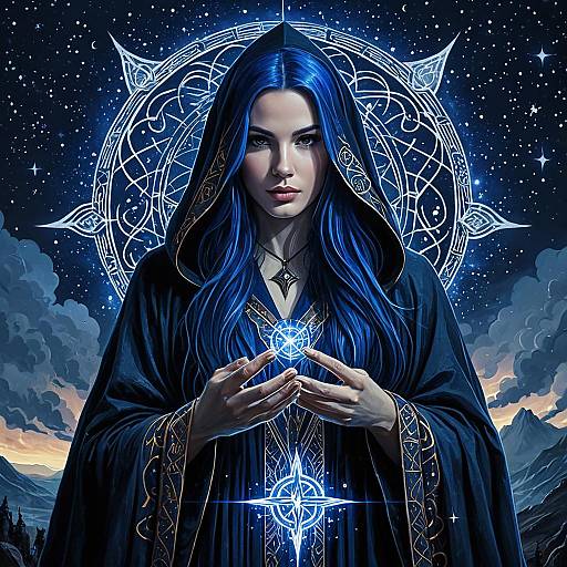 Enigmatic Sorceress with Midnight Blue Hair