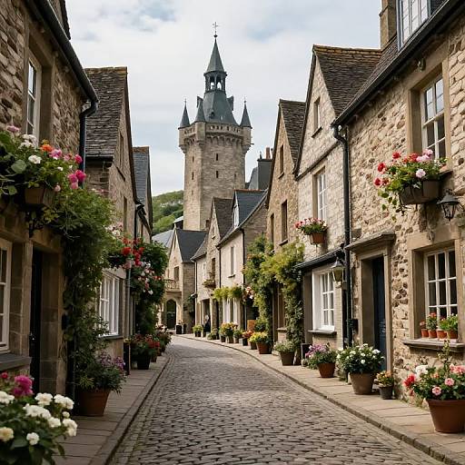 Photograph of a charming, cobblestone street in a quaint European village, lined with stone buildings adorned with vibrant flower boxes, leading to a tall