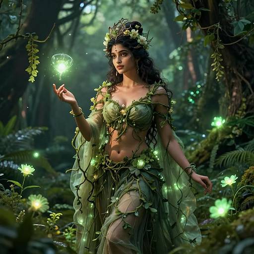 Digital artwork of a fair-skinned, dark-haired fairy woman with green leafy attire, crown of flowers, glowing fireflies, and forest background.