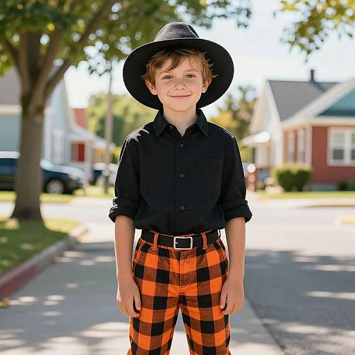 Confident Boy in Plaid Pants Outdoors