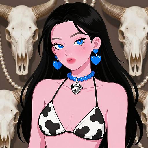 Digital Illustration of Pink-Skinned Woman with Cow-Pattern Bikini