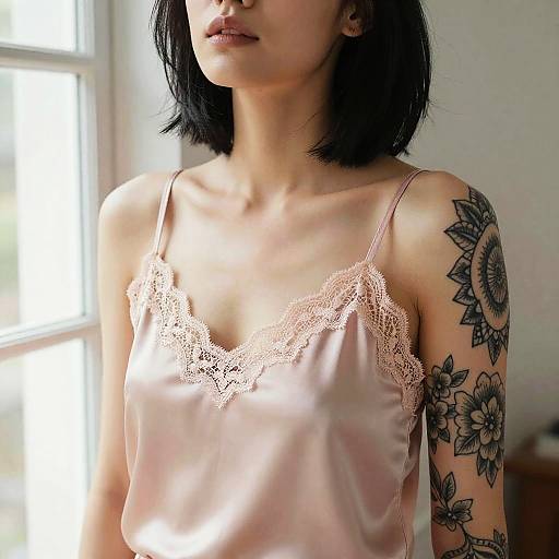 Portrait of Tattooed Woman in Pink Camisole