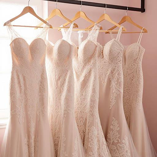 Photograph of five elegant white lace wedding dresses hanging on wooden hangers, illuminated by soft natural light, against a pale pink wall.