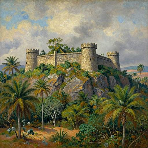 Photorealistic painting of a medieval stone castle with four tall towers, perched on a rocky hill surrounded by lush palm trees and dense greenery,