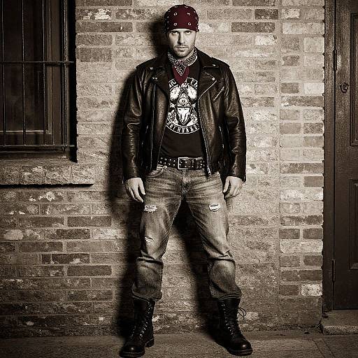 Photograph of a man in a black leather jacket, ripped jeans, bandana, and boots, standing against a textured brick wall.