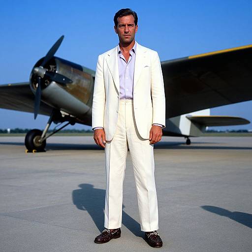 Photograph of a man in a white suit standing on a tarmac with a vintage propeller airplane in the background. Bright blue sky, sunny.
