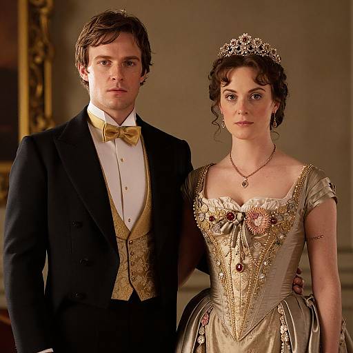 Photograph of a young white couple in period costumes; man in black tuxedo with gold vest, bow tie; woman in gold, silver,