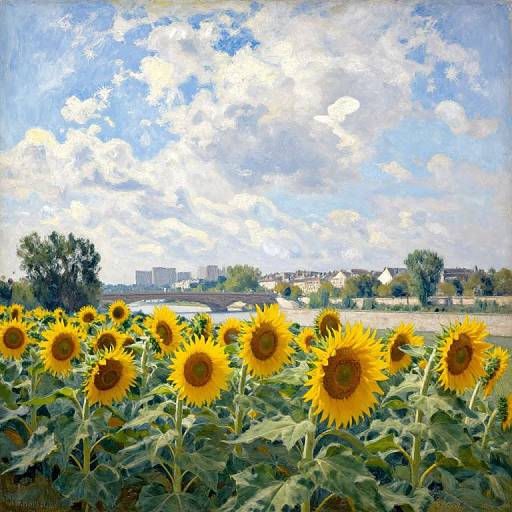 Impressionistic painting of a sunflower field under a bright blue sky with fluffy white clouds, with distant buildings and trees.