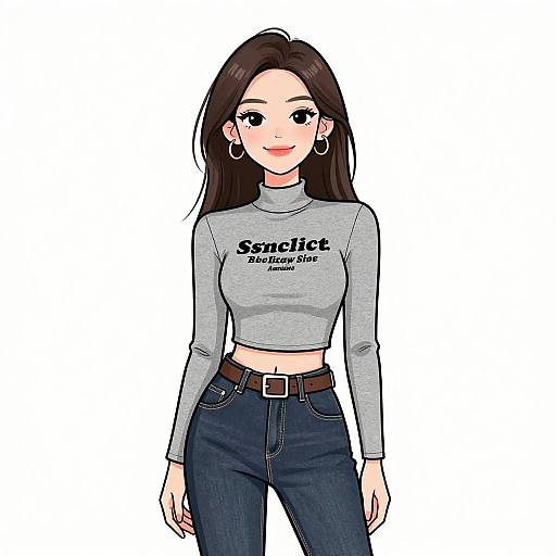 Digital anime-style drawing of a smiling woman with long brown hair, wearing a gray 