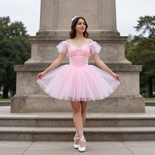 Photograph of a young woman with dark hair, wearing a pink and white tutu dress, white ballet shoes, and a flower headband, standing