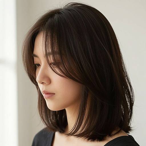 Photograph of an Asian woman with shoulder-length, straight black hair, soft natural makeup, and a black top, gazing downward against a white background