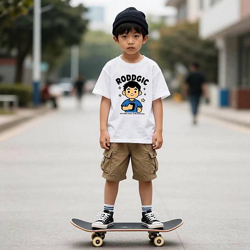 Young Asian boy with black hair, wearing white 