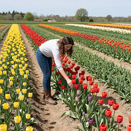 Woman Tending Tulips at Flower Farm