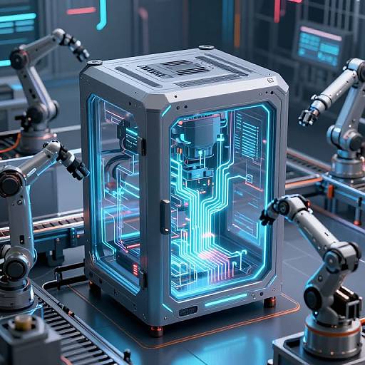 Photorealistic CGI of a glowing blue, cube-shaped computer with intricate circuitry, surrounded by robotic arms in a futuristic lab.