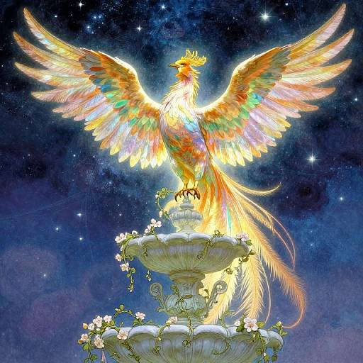 Digital artwork of a radiant, multicolored phoenix with glowing wings, perched on an ornate, flower-adorned pedestal, against a star