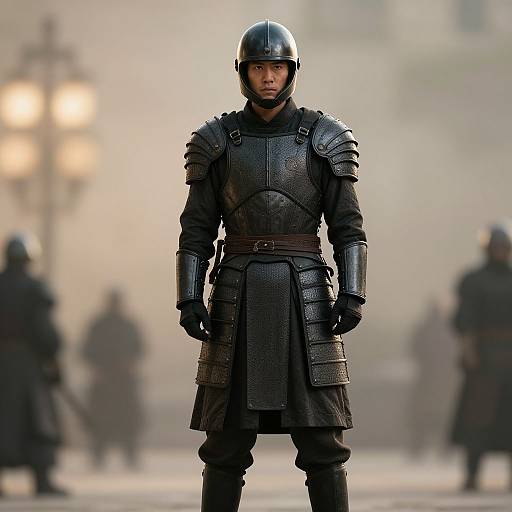 Photorealistic CGI of a serious Asian male warrior in black medieval armor, helmet, and gloves, standing in a foggy urban background with blurred figures