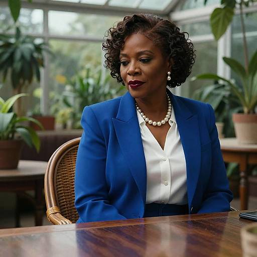 Photograph of a confident Black woman with curly hair, wearing a blue blazer, white blouse, pearl necklace, and dark lipstick, seated at a