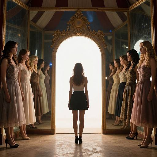 Photograph of a woman in a black dress with back to camera, surrounded by reflections of six women in pastel dresses, standing in front of an