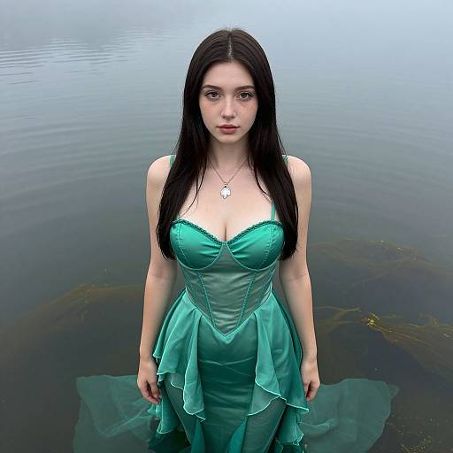 Digital artwork of a pale-skinned woman with long black hair, wearing a teal, strapless, ruffled dress, standing in calm, murky water