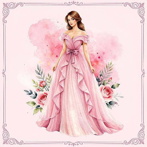 Digital illustration of a brunette woman in a pink, off-shoulder, ruffled gown with floral accents, standing against a pink watercolor background.