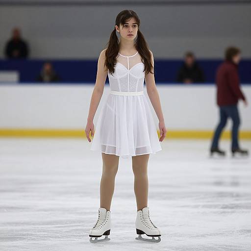 Photograph of a young woman with long dark hair, wearing a white sleeveless dress and white ice skates, standing on an ice rink with