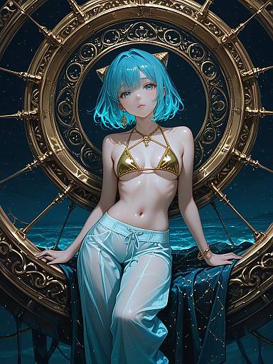 Girl in Gold Bikini and Sheer Palazzo Pants