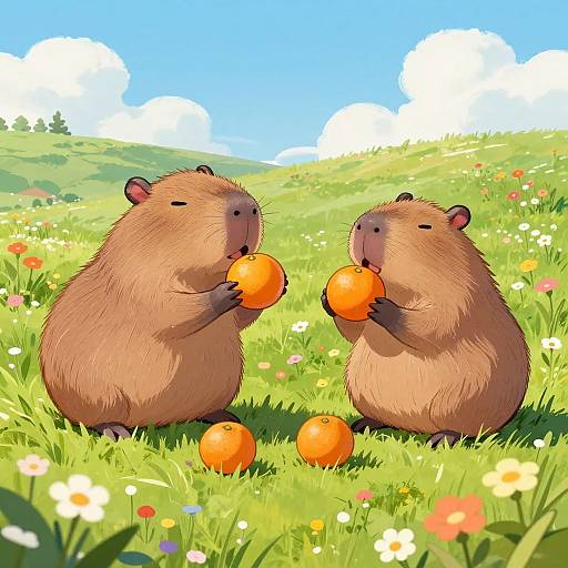 Digital illustration of two chubby, brown hamsters eating bright orange fruits in a colorful, sunlit meadow with flowers and a blue sky.